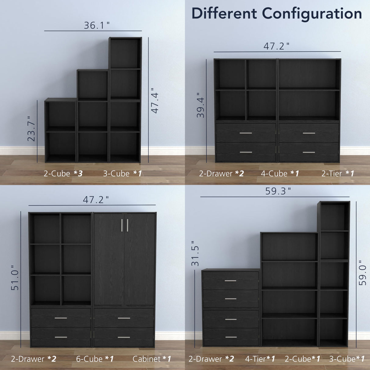 Homes: Inside + Out Apexa 2-Tier Cube Storage Organizer Shelves, Stackable Wood Bookcase Fits Cubby Bins for Organization, Dorm Teen Room Decor & Home Office, Black HOMES: INSIDE + OUT