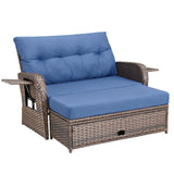 Belord Oversize Outdoor Daybed Set - Patio Recliner Loveseat with Storage Ottoman, Wicker Double Lounge Chair wth 5 Level Adjustable Backrest and 2 Retractable Table Belord