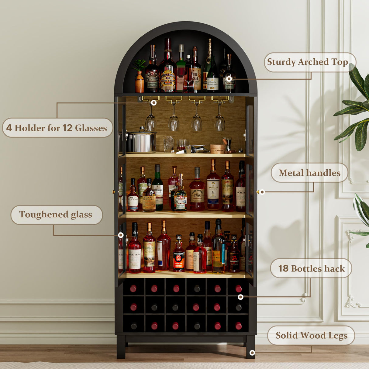 BREEZEHEAT 70" Tall Bar Cabinet, Arched Cabinet with Glass Doors, Farmhouse Whiskey Station with Wine Rack and Glasses Holder, Liquor Bar Cabinet for Home Kitchen Living Dining Room, Black BREEZEHEAT