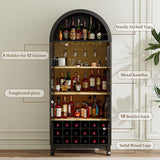BREEZEHEAT 70" Tall Bar Cabinet, Arched Cabinet with Glass Doors, Farmhouse Whiskey Station with Wine Rack and Glasses Holder, Liquor Bar Cabinet for Home Kitchen Living Dining Room, Black BREEZEHEAT