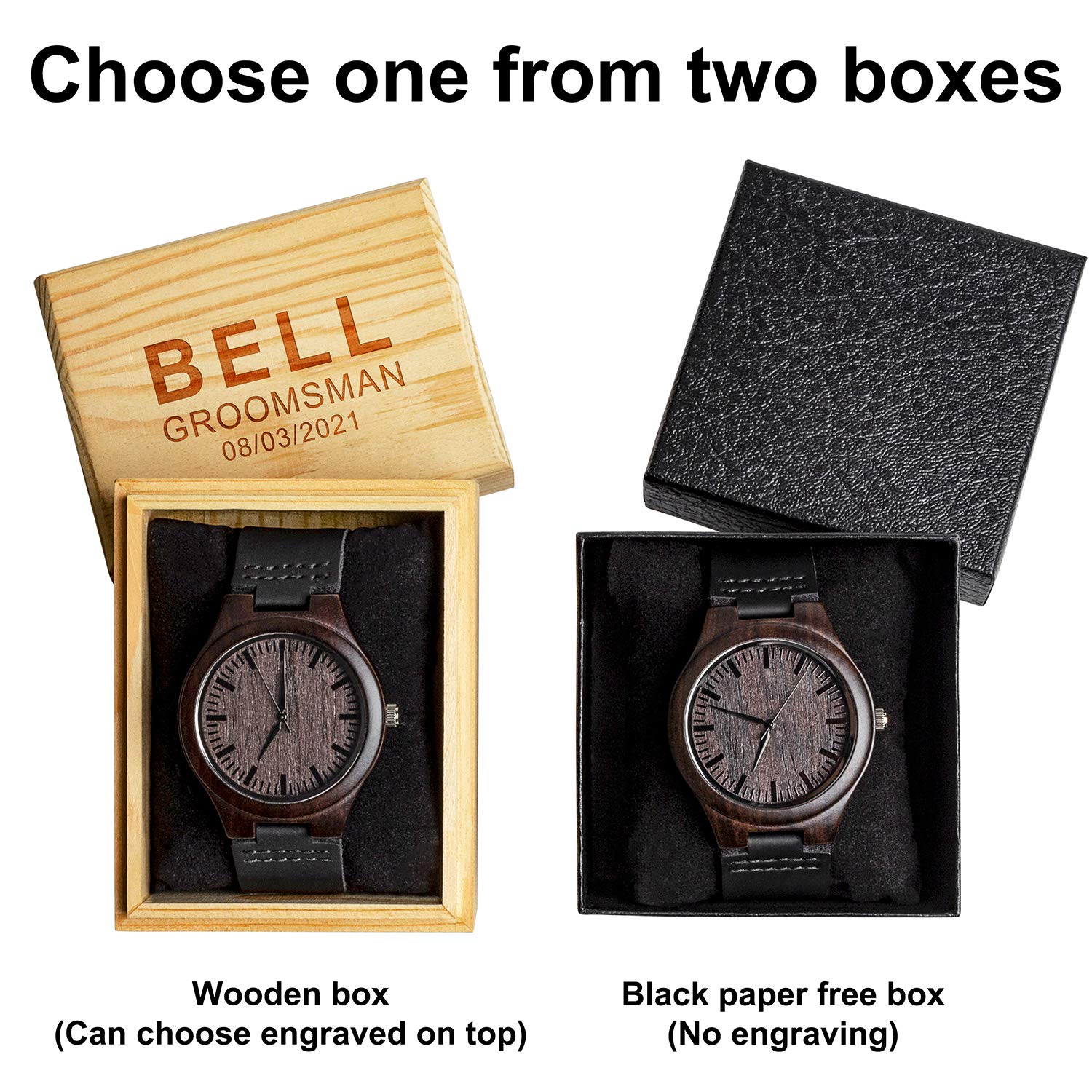 KOSTING Set Groomsmen Gift - Groomsman Gifts for Wedding, Wedding Favor Customized Wood Watch w Gift Box - Engraved Black Leather Strap Wooden Watch Custom Personalized Groomsmen Gifts for Me - WoodArtSupply