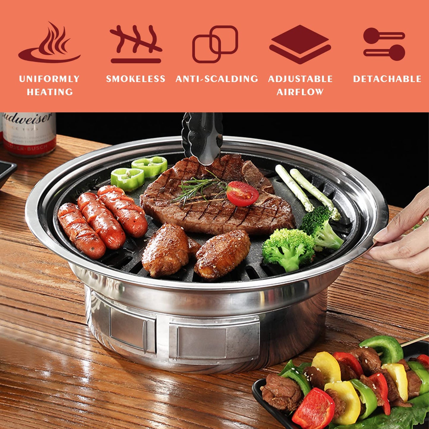 Puraville Charcoal Barbecue Grill, 13.7 Inches Non-Stick Korean BBQ Grill, Portable Stainless Steel Charcoal Stove for Home Party Outdoor Camping