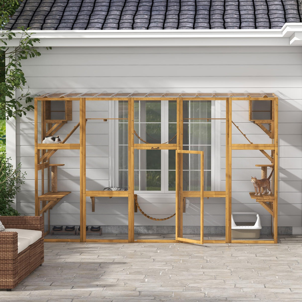 PawHut Catio Playground Cat Window Box Outside Enclosure, Outdoor Cat House with Weather Protection Roof for Multiple Kitties, Wooden Frame, Shelves & Bridges, 118" x 37.5" x 74", Yellow PawHut