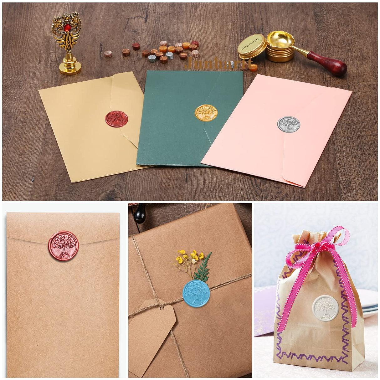 Junhartt Quill Feather Pen and Ink Set, Calligraphy Pen Glass Dip Pen and Wax Seal Stamp Kit (Red) Junhartt