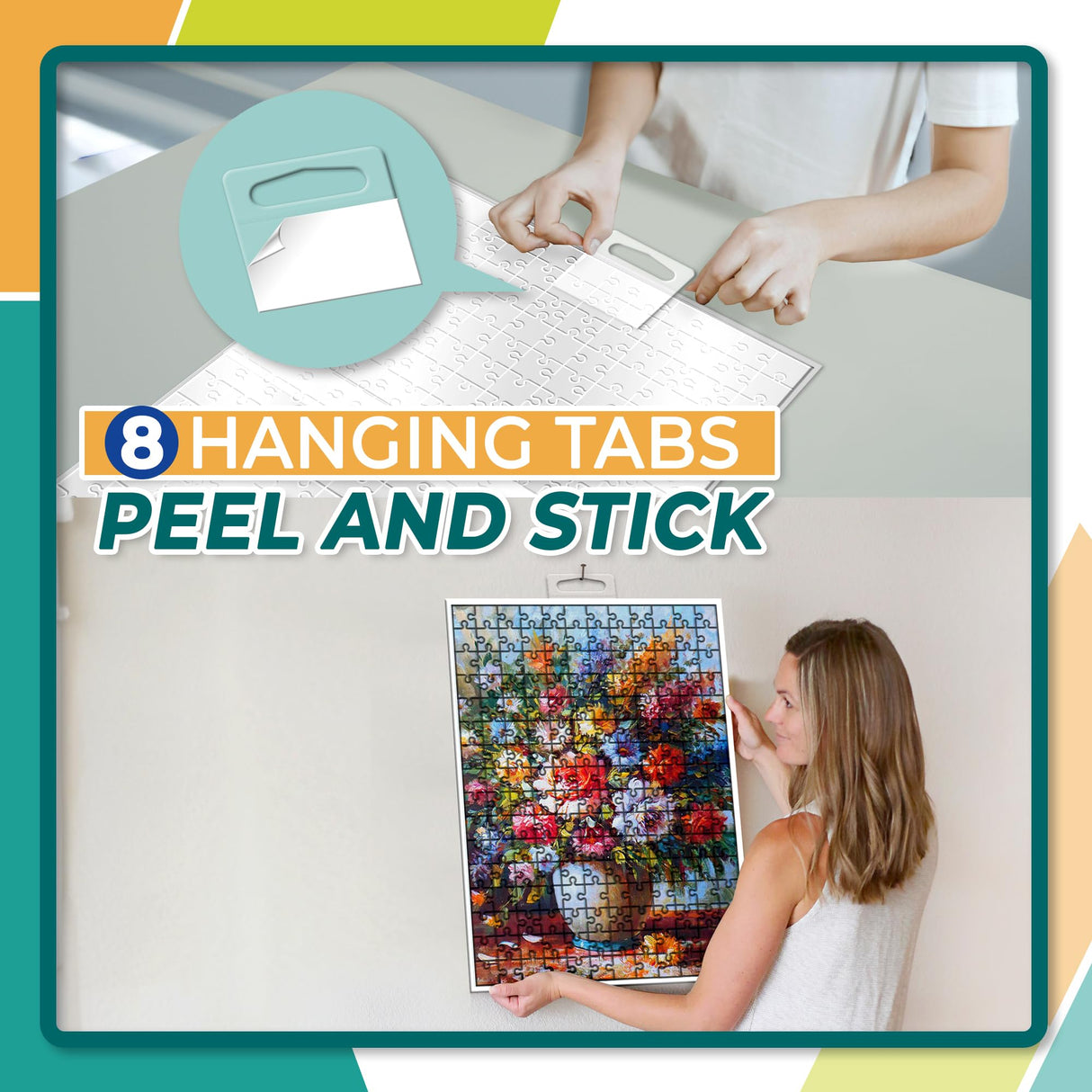 HASHI Puzzle Saver 8 Sheets (12.4 x 15.3 Inches) with 8 Hangers, Easy Peel & Stick, No Mess, Adhesive Backing for Jigsaw Puzzles HA SHI