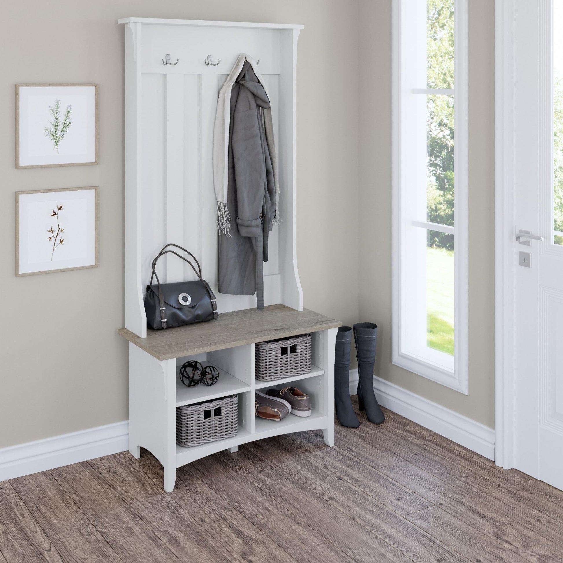 Bush Furniture Salinas Hall Tree Entryway Small Bench with Adjustable Shelves | Coat Rack with 3 Hanging Hooks and Shoe Storage, Pure White and Shiplap Gray - WoodArtSupply