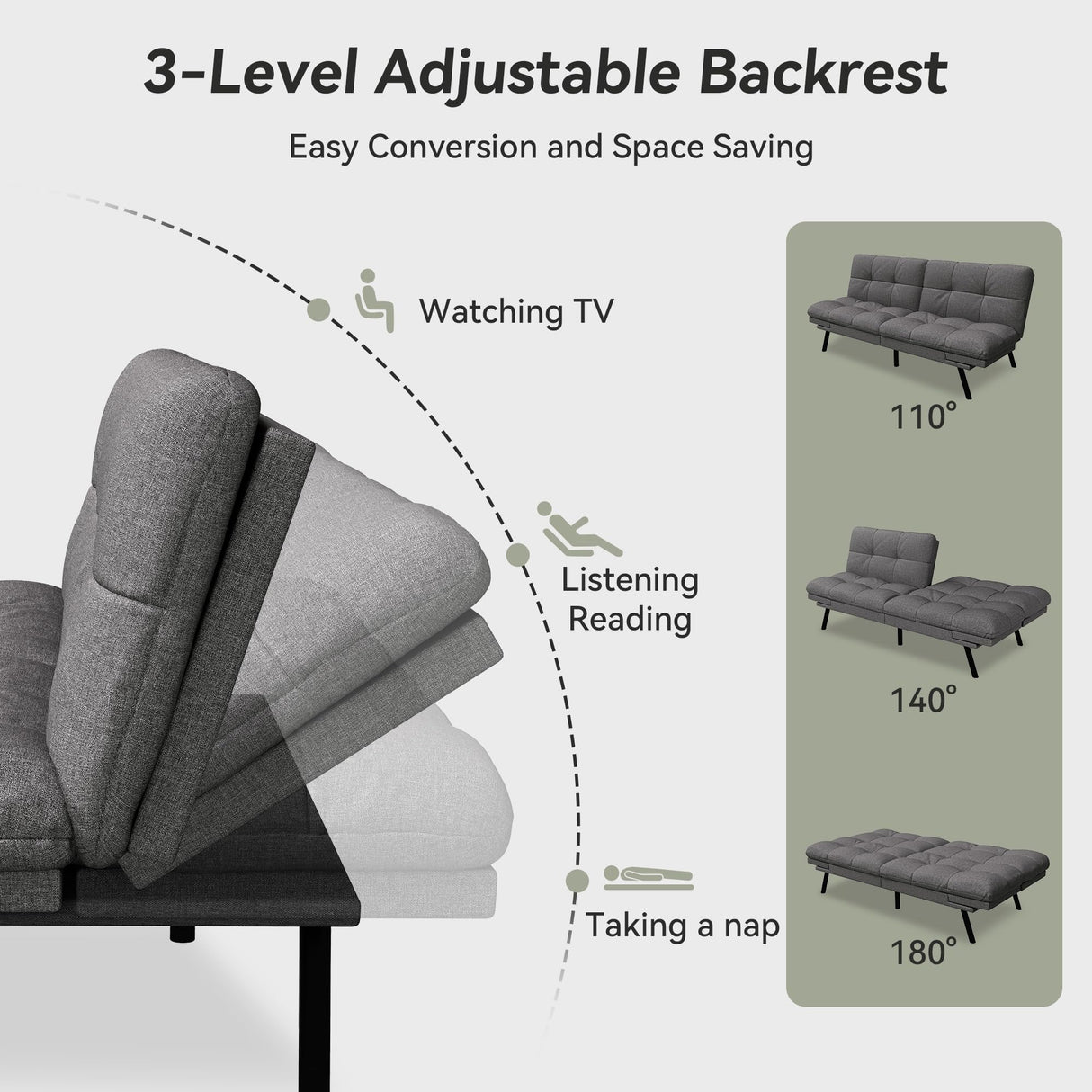 AMICLIBER Convertible Futon Sofa Bed,71" Memory Foam Futon Couch,Detachable Cushion,Adjustable Backrest & Armrest,Linen Modern Loveseat Sleeper Recliner for Living Room,Office,Apartment,Medium Grey AMICLIBER