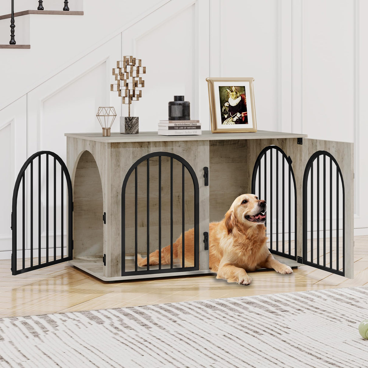 Hzuaneri 44.1" Dog Crate Furniture, Dog Kennel Indoor Arched Door Design, Wooden Dog Crate Furniture for Small/Medium/Large Dog, Side Table, TV Stand, Anti-Chew, Anti-Escape, Greige Black Hzuaneri