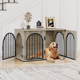 Hzuaneri 44.1" Dog Crate Furniture, Dog Kennel Indoor Arched Door Design, Wooden Dog Crate Furniture for Small/Medium/Large Dog, Side Table, TV Stand, Anti-Chew, Anti-Escape, Greige Black Hzuaneri
