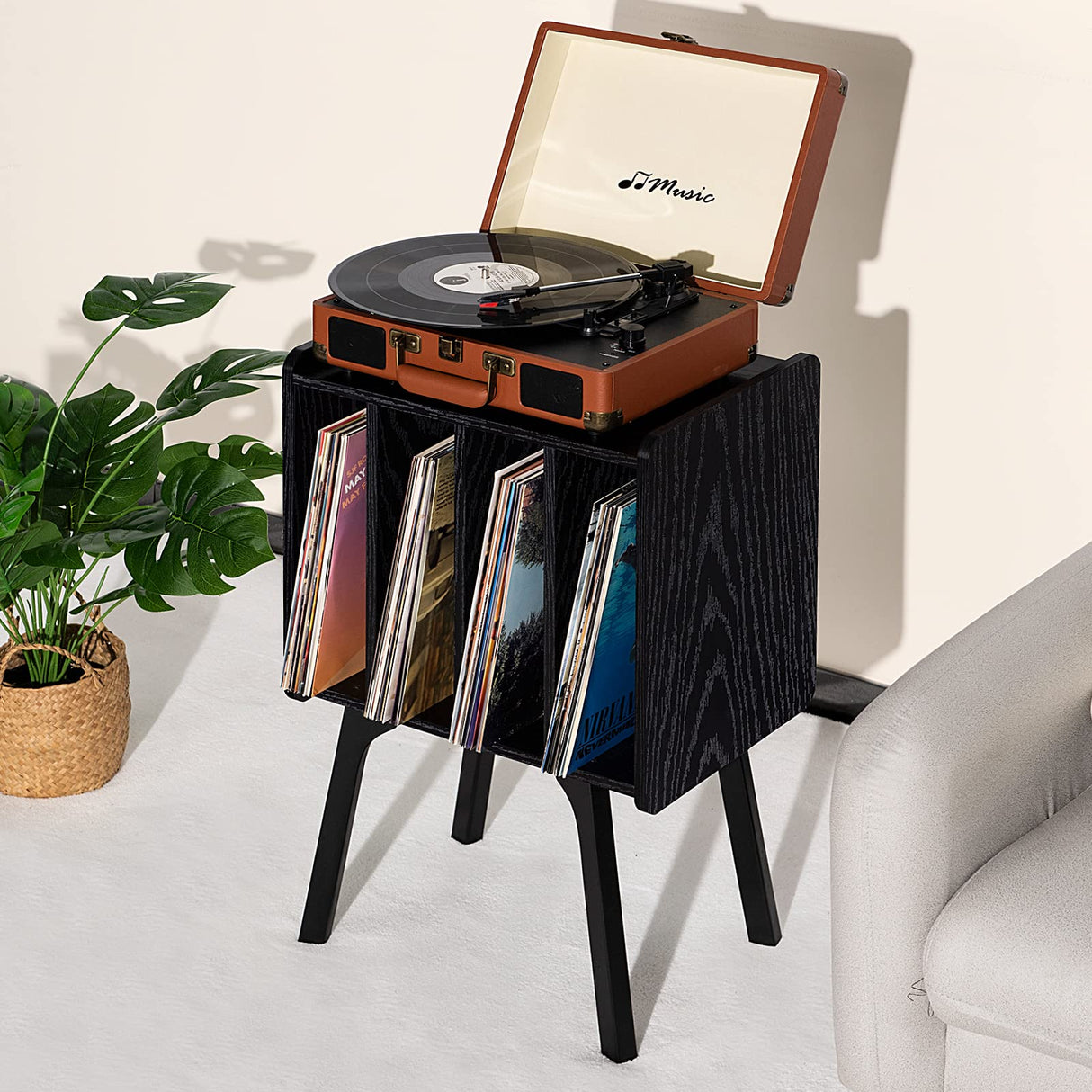 LELELINKY Record Player Stand,Black Vinyl Record Storage Table with 4 Cabinet Up to 100 Albums,Mid-Century Turntable Stand with Wood Legs,Vinyl Holder Display Shelf for Living Room LELELINKY