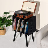 LELELINKY Record Player Stand,Black Vinyl Record Storage Table with 4 Cabinet Up to 100 Albums,Mid-Century Turntable Stand with Wood Legs,Vinyl Holder Display Shelf for Living Room LELELINKY