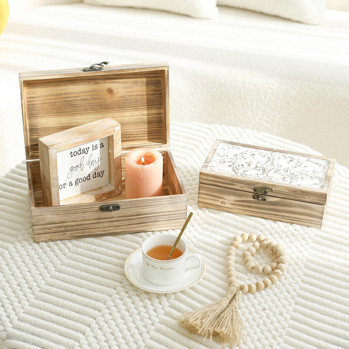 DECOR4SEASON Wooden Box Set of 2 - Rustic Farmhouse Decorative Boxes with Hinged Lid and Carved Design DECOR4SEASON