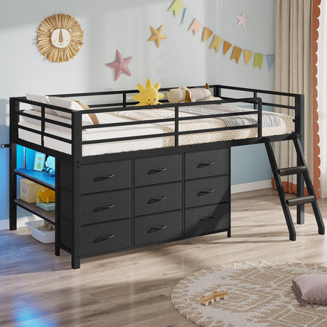 BTHFST Twin Loft Bed for Kids, Low Loft Bed Twin Size with 9 Storage Dresser, LED Lights, 2 Storage Shelves & Stairs, Metal Black Bed with Safety Guardrail for Young Teens, Space Saving, Black BTHFST