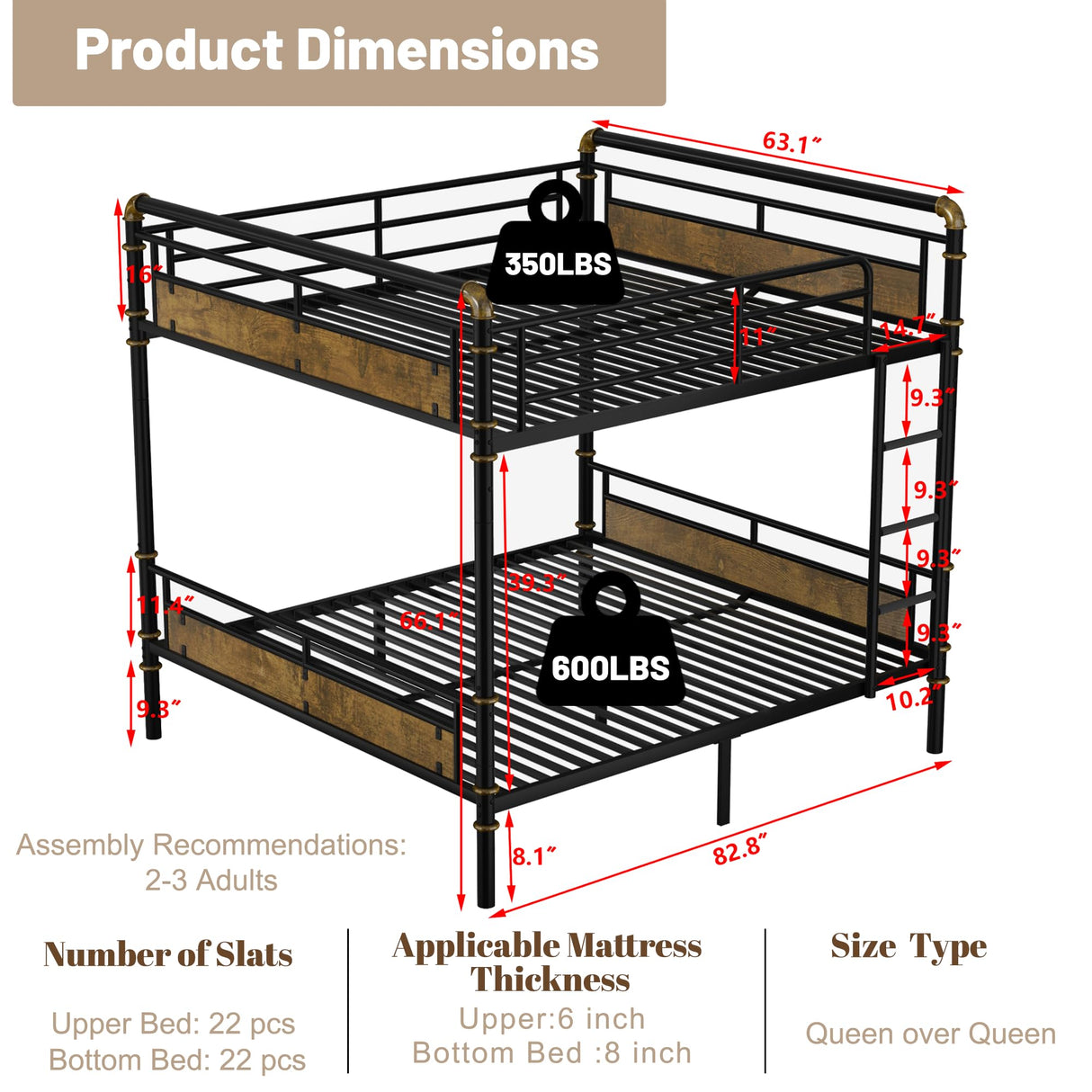OYUMOENTS Queen Over Queen Bunk Bed, Convertible Bunk Bed for Teens & Adults, Metal Bed Frame with Safety Rails and Ladders for Apartments, Bedroom, Space-Saving,Noise Reduced, Black OYUMOENTS