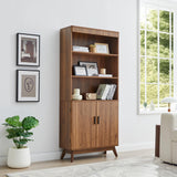 68" Fluted Tall Bookcase with Storage Cabinet,Mid-Century Modern 5-Tiers Arched Bookshelf Cabinet with Doors, Arched Bookcase with Open Display Storage Shelf for Home Office Bedroom Living Room,Walnut XUZENEST