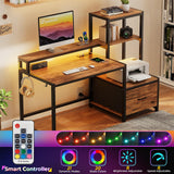 GreenForest Computer Desk with Drawers and Monitor Stand, Home Office Desk with Storage Shelves, Small Gaming Desk with Power Outlets and LED Lights for Study Writing Working, 51 inch Walnut GreenForest