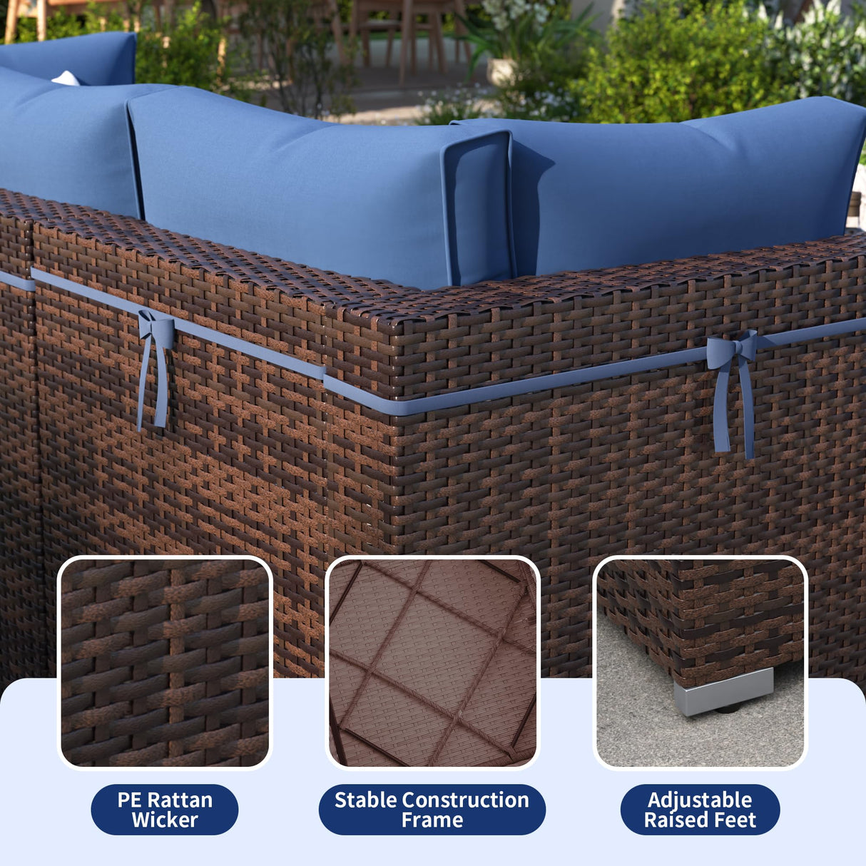 VONZOY 7 Piece Patio Furniture Set Outdoor Sectional Sofa, Wicker Backyard Conversation Set with Waterproof Cover & Coffee Table, Modular Outdoor Couch for Garden, Poolside (Brown/Navy Blue Cushion) VONZOY