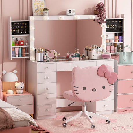 Vanity Desk with Power Outlet, Makeup Vanity with Mirror and 14 LED Light, 3 Lighting Modes,11 Drawer Vanity Table with Sliding Jewelry Storage, Glass Top, Specular Surface, White wanan