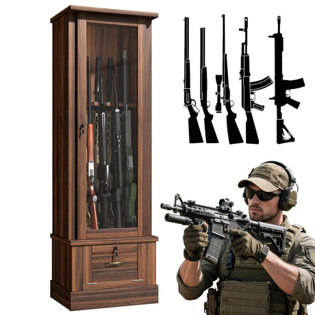 Semoic Gun Safe for 10 Long Rifles and Pistols, Gun Cabinet for Rifle with Mechanical Lock, Espresso Wood Gun Cabinet for Bedroom, Living Room, Easy Assembly Semoic