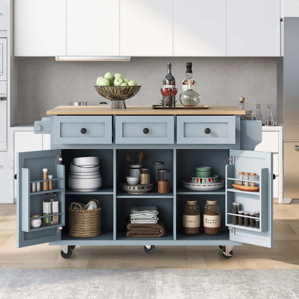 MEETFAV Rolling Kitchen Island Cart with Storage, Moveable Kitchen Island with Drop Leaf, Portable Kitchen Storage Islands & Carts with Drawers and Shelves for Dinning Room, Grey Blue MEETFAV