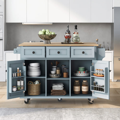 MEETFAV Rolling Kitchen Island Cart with Storage, Moveable Kitchen Island with Drop Leaf, Portable Kitchen Storage Islands & Carts with Drawers and Shelves for Dinning Room, Grey Blue MEETFAV