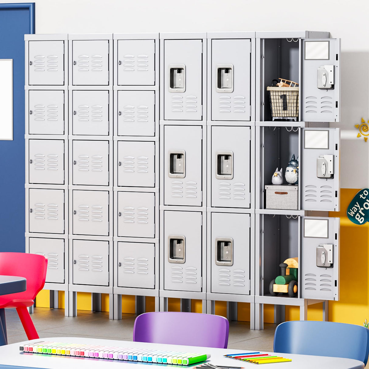 INTERGREAT Metal Lockers for Employees, 3 Door Storage Locker, Tall Steel Locker Cabinet for School, Office, Home, Gym, Kid Room, with Mirror (3-Tier，Grey) INTERGREAT