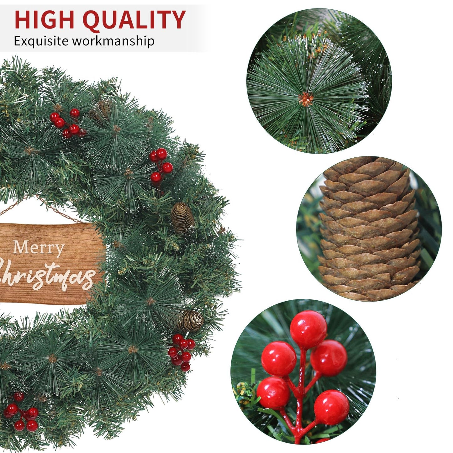 Outdoor Christmas Wreath for Front Door, Christmas Wreaths 20in Indoor Christmas Wreath, PVC Tips, Bow Ribbon, Christmas Door Banner