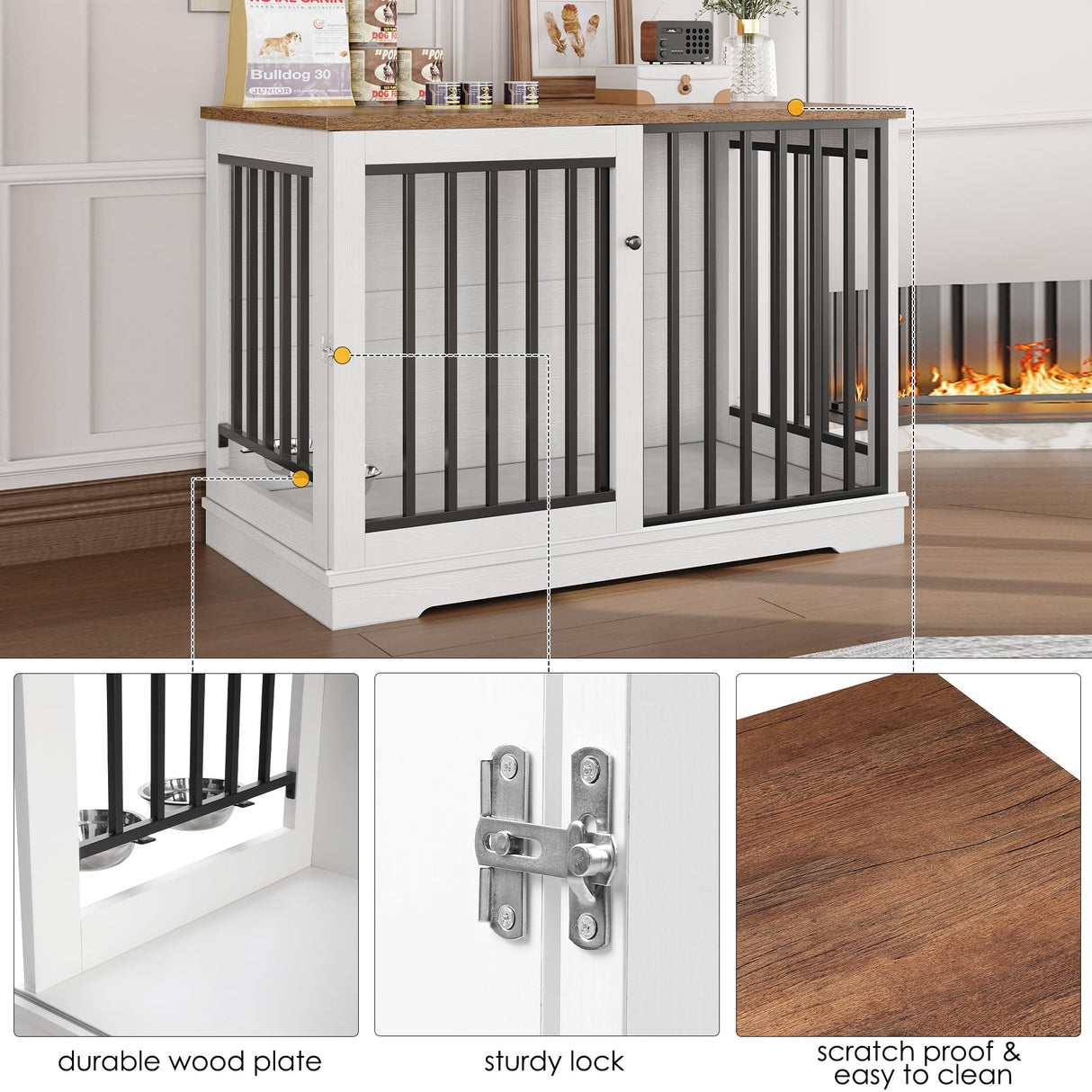 Dog Crate Furniture 47" Large Dog Kennel for Dogs Indoor, Heavy Duty Dog Cage with Sliding Door and 2 SUS Bowls Wooden End Table in Living Room for Small Medium Large Dogs, White TTVIEW