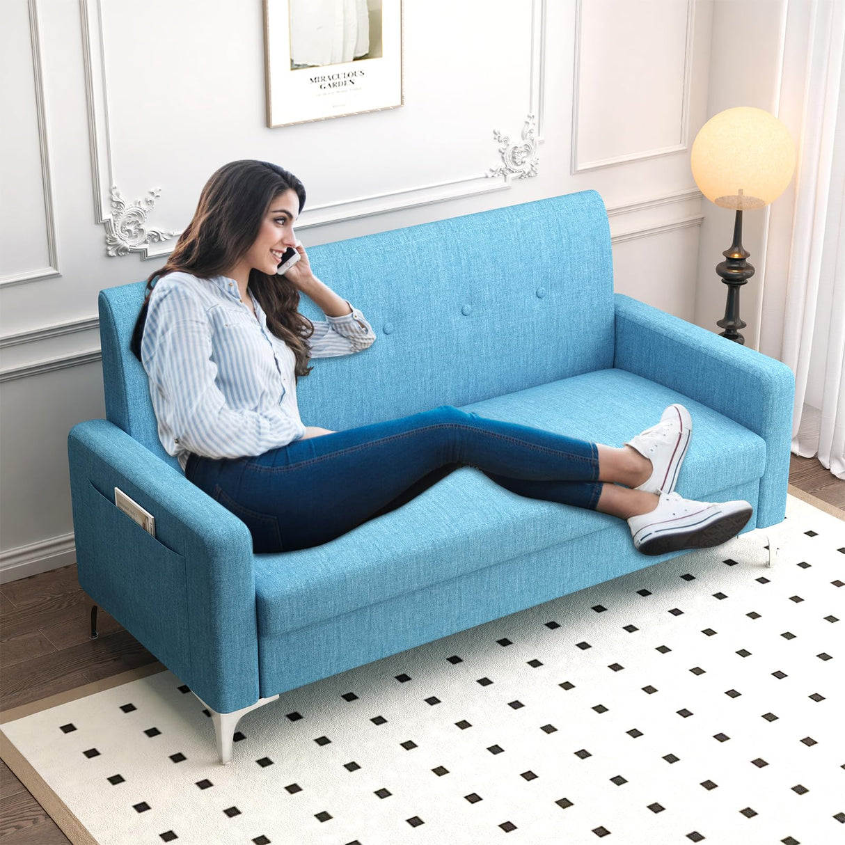 Loveseat Sofa Couch with Storage Seat, 57" Button Tufted Upholstered 2 Seat Sofa with Side Pockets, Modern Love Seat with Silver Metal Legs for Living Room, Bedroom, Office, Small Space (Blue) KINFFICT