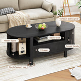ONBRILL 47.2 Inch Oval Coffee Table with Storage, Mid Century Modern Coffee Table with Drawer, Center Table with Sliding Door and Wood Fluted Handle for Living Room, Black ONBRILL