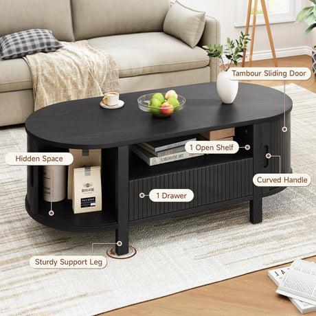 ONBRILL 47.2 Inch Oval Coffee Table with Storage, Mid Century Modern Coffee Table with Drawer, Center Table with Sliding Door and Wood Fluted Handle for Living Room, Black ONBRILL