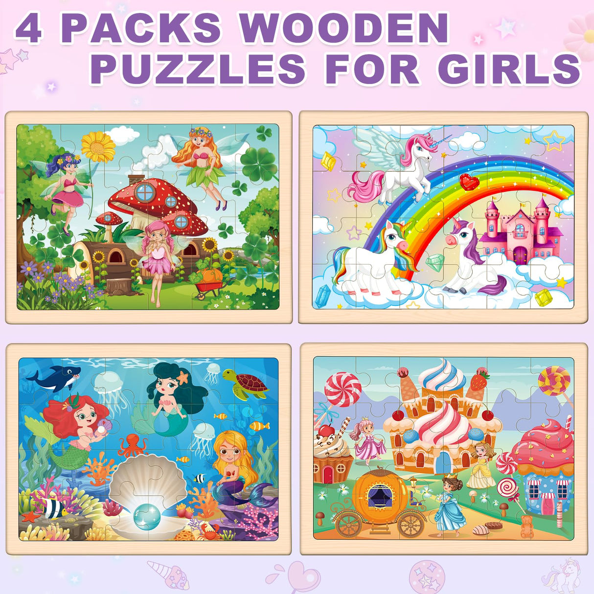 Princess Unicorn Mermaid Fairy Puzzles for Kids Ages 4-6, 4 Packs Wooden Jigsaw Puzzles for Toddlers Girls 2-4, Preschool Educational Puzzles Boards Toys Gifts for Girls Boys 3 4 5 6 Duchong