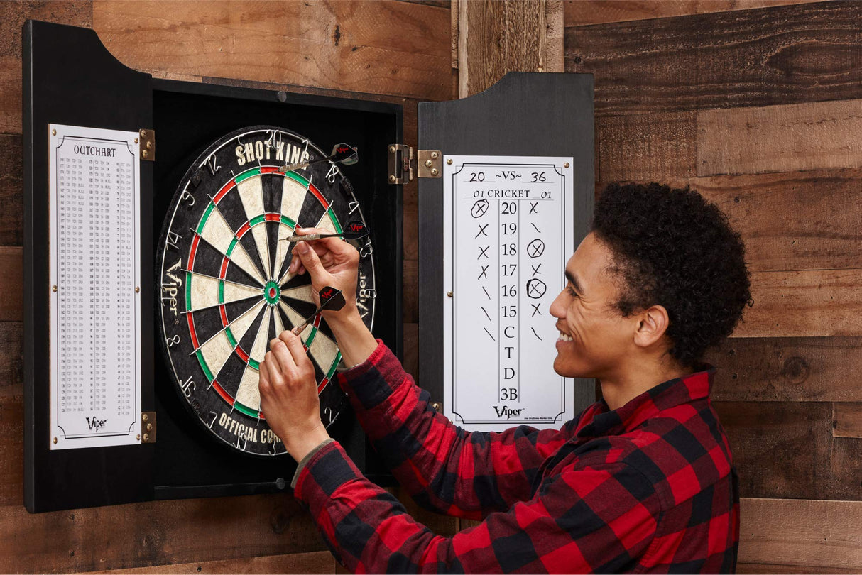 Viper by GLD Products Hudson Solid Wood Cabinet for Sisal/Bristle Steel Tip Dartboard with Dry Erase Scoreboard and Out-Chart, Black Finish Viper