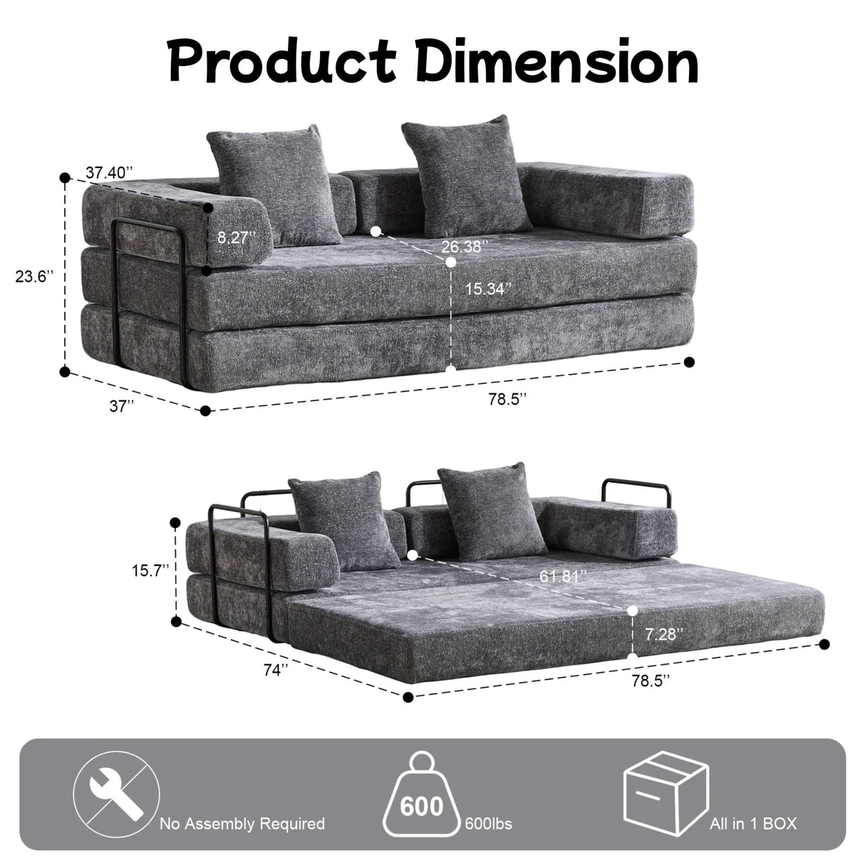 Trygoal Convertible Floor Sofa Bed, Foldable Mattress Cloud Couch with Pillow Back & Armrest, Chenille Sleeper Sofa Bed with Fixed-Shape Frame, Compressed Couch for Living Room Bedroom, Dark Gray Trygoal