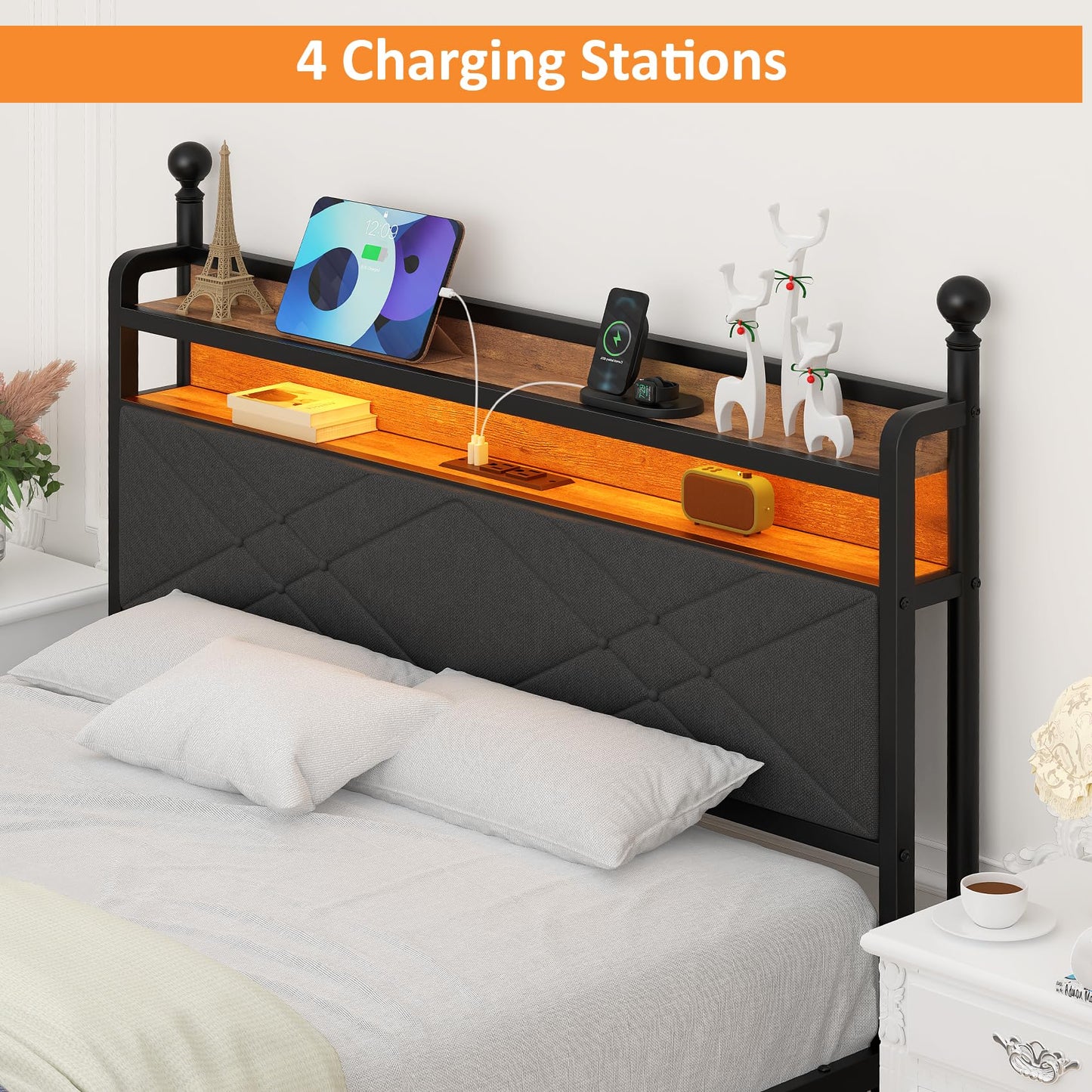 Winkalon Metal Canopy Bed Frame, Full Size Bed Frame with 4 Removable Sturdy Posts Hanging Curtains, Iron Bed Platform with Charging Station LGB Light, No Box Spring Needed Strong Slat Support