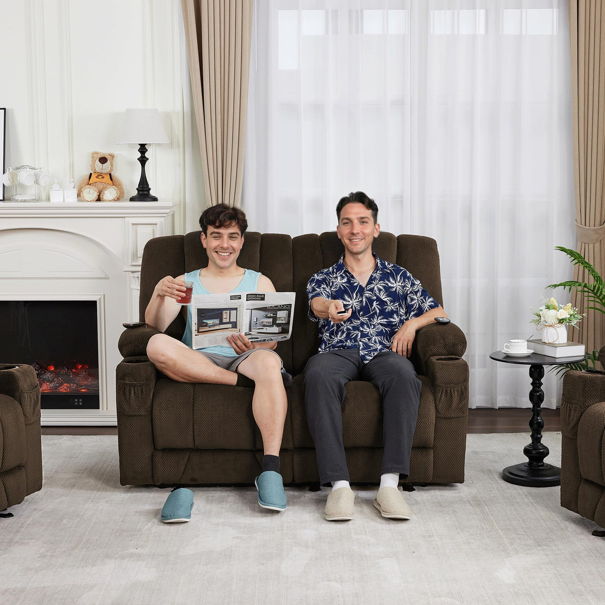 MCombo 57.8" Zero Gravity Power Loveseat Recliner with Heat and Vibration Massage, Reclining Loveseat Sofa with USB Ports, Cup Holders for Living Room, Fabric 6035SET (Brown) MCombo