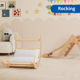 Cozy Castle 5 in 1 Pikler Triangle Set, Foldable Climbing Toys Indoor Playground, with Arch Climber, Rocker, Jungle Gym, Oak Cozy Castle