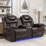 Olodumare Leather Reclining Sofa Set,Home Theater Seating with Center Console, LED Light Strip, and Storage Cup Holders, 2 Seater for Living Room,Office,Home Theater,RV. Loveseat(Brown) Olodumare