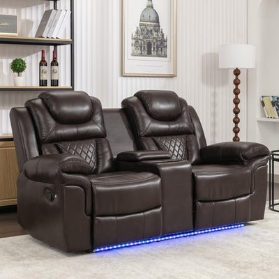 Olodumare Leather Reclining Sofa Set,Home Theater Seating with Center Console, LED Light Strip, and Storage Cup Holders, 2 Seater for Living Room,Office,Home Theater,RV. Loveseat(Brown)