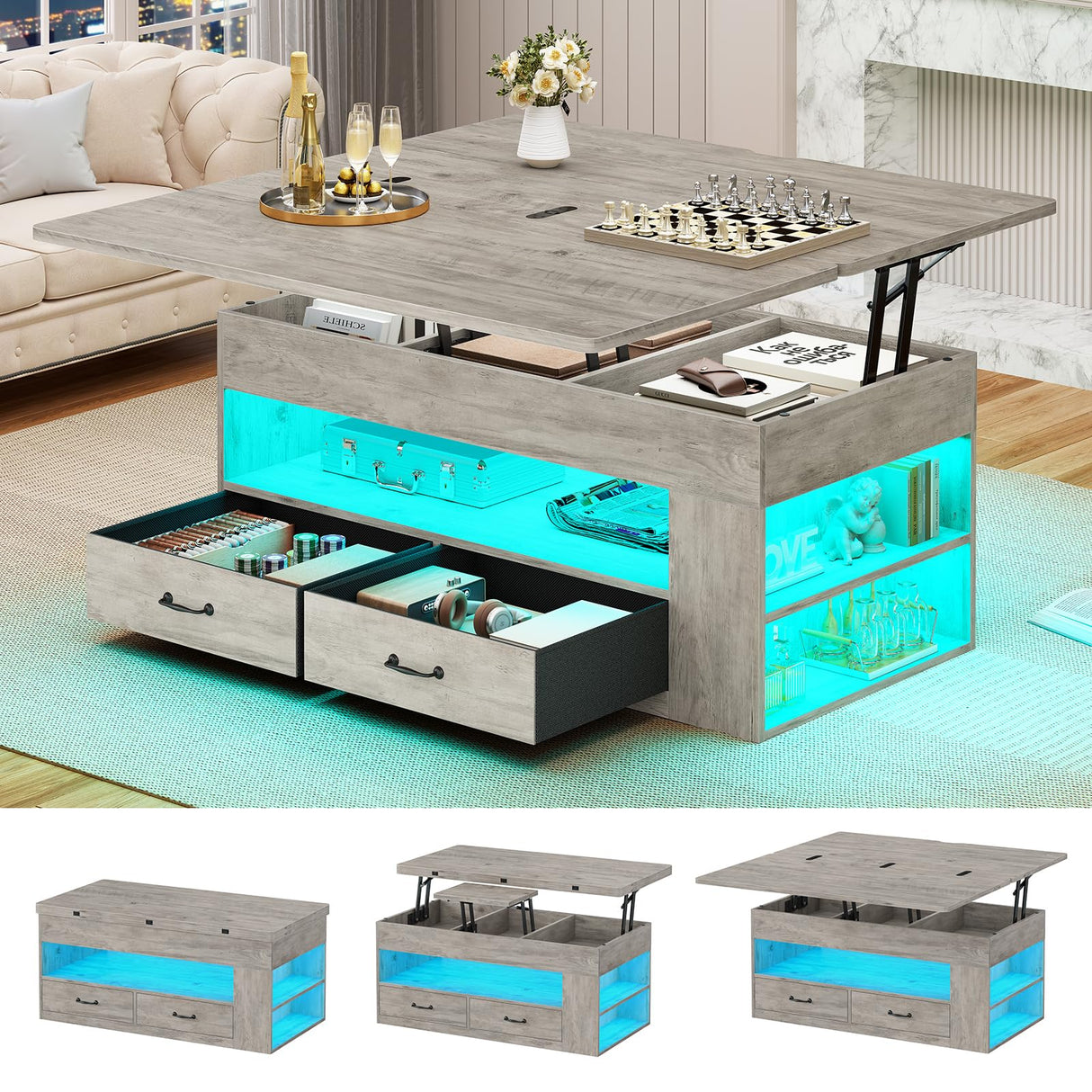 Itaar Lift Top Coffee Table, 4 in 1 Coffee Tables with Storage and Hidden Compartment, Farmhouse Coffee Table with 2 Fabric Drawers & LED Light for Living Room, Grey Oak Itaar