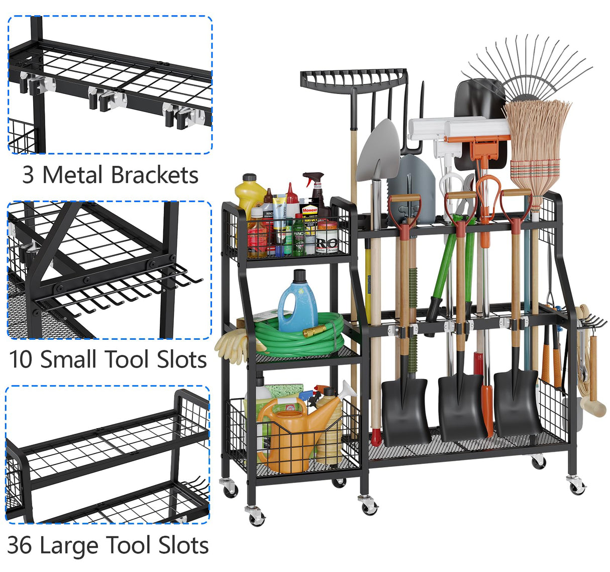 keomaisyto Garden Tool Organizer with 6 Wheels(3 lockable), Heavy Duty Yard Tool organizer with 2 Basket, Large Metal Garage Tool Organization and Storage for Garage/Shed/Yard/Broom Closet/Lawn keomaisyto