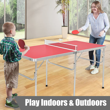 Goplus Foldable Ping Pong Table, 100% Preassembled, Portable Table Tennis Table Game Set with Net, 2 Table Tennis Paddles and Ping Pong Balls for Indoor Outdoor Use (Red-60'') Goplus