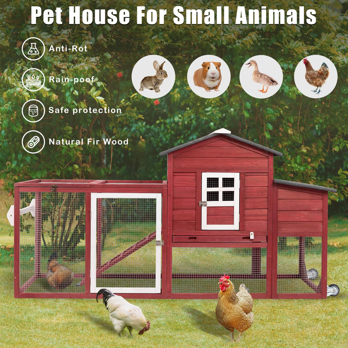 Gowoodhut Chicken Coop Solid Wood with Large Run Cage 2 Stories - Asphalt Roof, Nest Box, Pu Wheels, Expandable Solid Wood Cage Gowoodhut