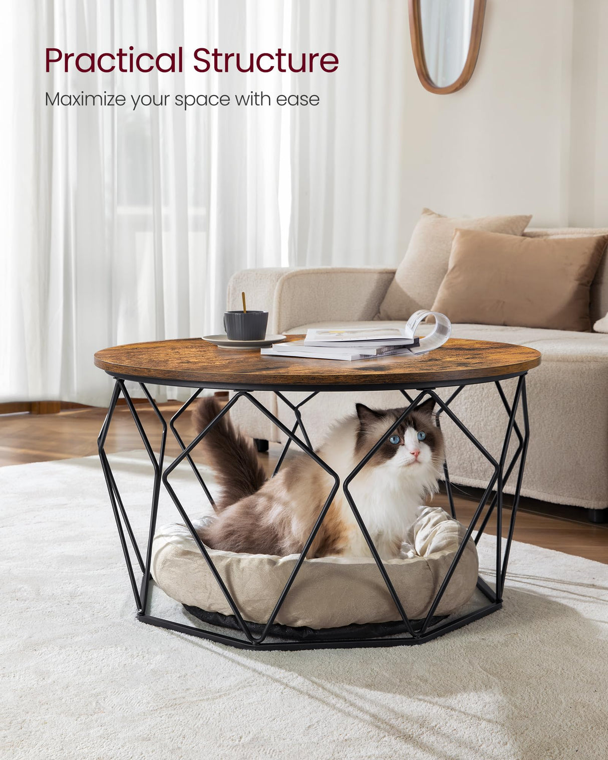 VASAGLE Round Coffee Table for Living Room, Cage Cocktail Table with Steel Frame, 31.5 Inches Dia., Industrial Style, Rustic Brown and Black ULCT040B01 VASAGLE