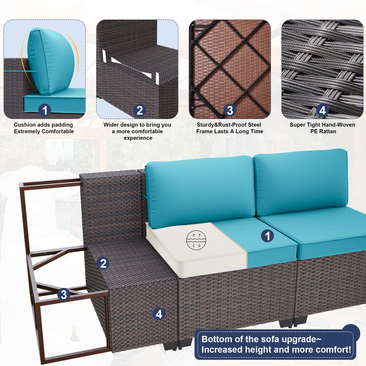 Kurapika 11 Pieces Patio Furniture Set, Rattan Wicker Outdoor Conversation Sets w/43in Propane Fire Pit Table, Swivel Rocking Chairs Patio Sectional Sofa w/4 Inch Cushion, Blue Kurapika