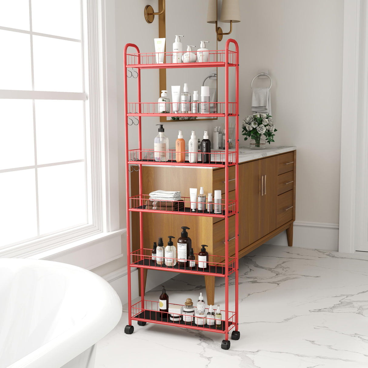 VFY 6-Tier Storage Cart Wire Slim Shelving Shelf with Wheels for Small Spaces, Rolling Tall Organizer Storage for Bathroom, Kitchen, Home, Garage, Bedroom, Closet (Red, 6" D) VFY