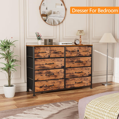 Furnulem 10 Drawer Dresser for Bedroom, Large Dresser for 55'' Long TV Stand,Storage Organizer for Closet, Living Room, Entryway, Fabric Bins, Wood Top, Metal Frame(Rustic Brown) - WoodArtSupply