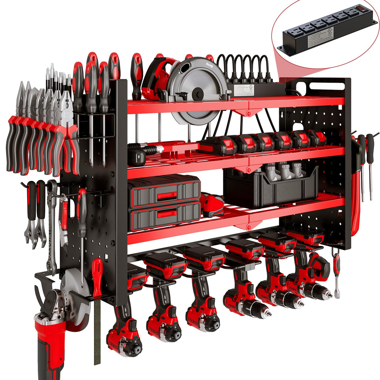 NattyDot Power Tool Organizer Wall Mount with Charging Station 4 Layer 6 Slot Cordless Drill Holder with Angle Grinder Holder (Red) NattyDot