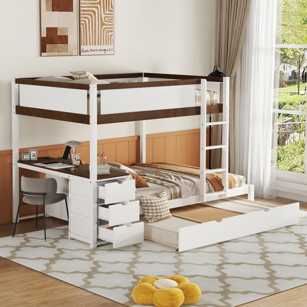 Harper & Bright Designs Full Over Full Bunk Bed Twin Size Trundle, Wood Full Bunk Bed with USB Ports, Storage and Desk, White+Walnut Harper & Bright Designs