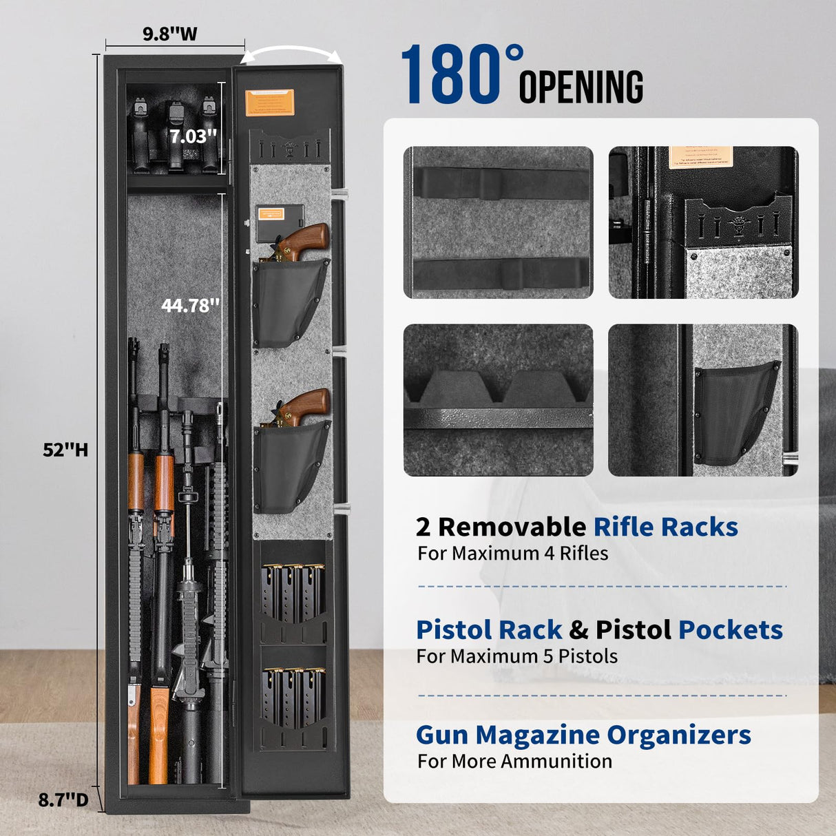 BlackSmith 3 Rifle Gun Safe for Home Rifles and Pistol Long Gun Safe 0.1s Quick Access Fingerprint Recognition Handgun Safe Keypad Wall Mount Gun Cabinet with Pistol Rack Pockets Ammo Storage BlackSmith
